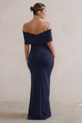 Navy Bardot Bow Detail Maxi Dress With Thigh Split